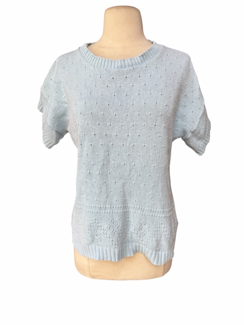1970s Bobbie Brooks 100% Cotton Light Blue Pointelle Knit Short Sleeve Crewneck